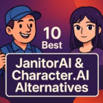 Use the aitipsters style for the image. and the title is: 10 Best JanitorAI And Character.AI Alternatives