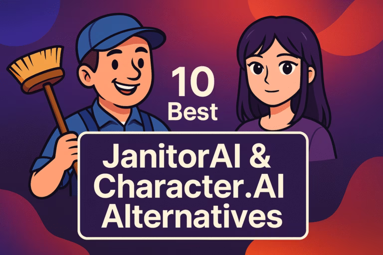 Use the aitipsters style for the image. and the title is: 10 Best JanitorAI And Character.AI Alternatives