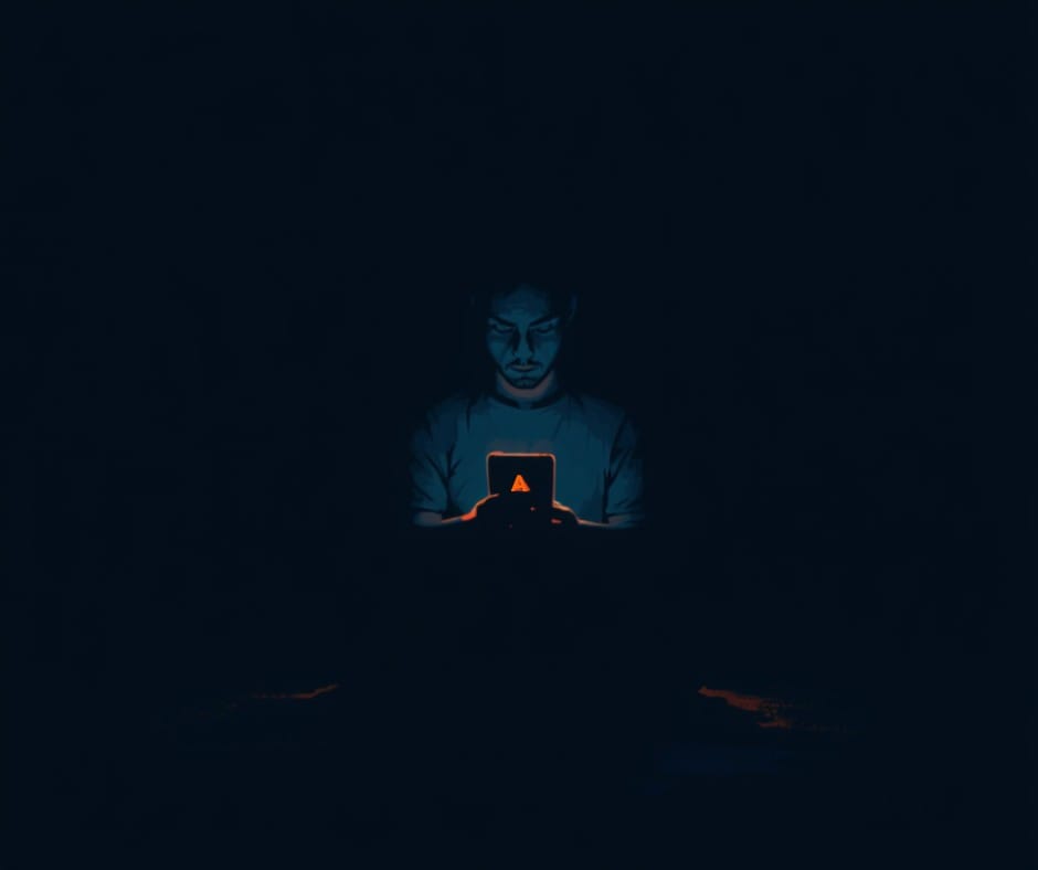 Person sitting alone with phone, experiencing loss after their AI companion was changed or removed